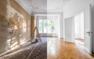 Before and after image of a living room getting cleaned and remodeled
